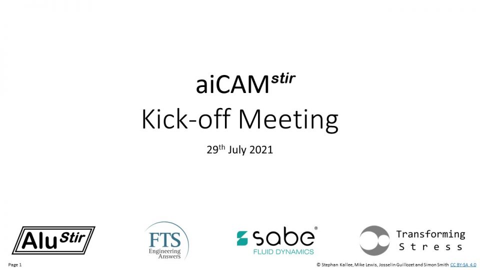 Title slide of the aiCAMstir Kick-off Meeting, which was held online on 29th July 2021 with 16 attendees.