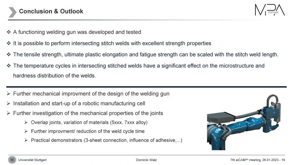 Dominik Walz (MPA Stuttgart), Development of a new stitch FSW gun and mechanical behavior of intersecting stitch welded AA 6016-T4 sheets, aiCAMstir, 26 Jan 2023